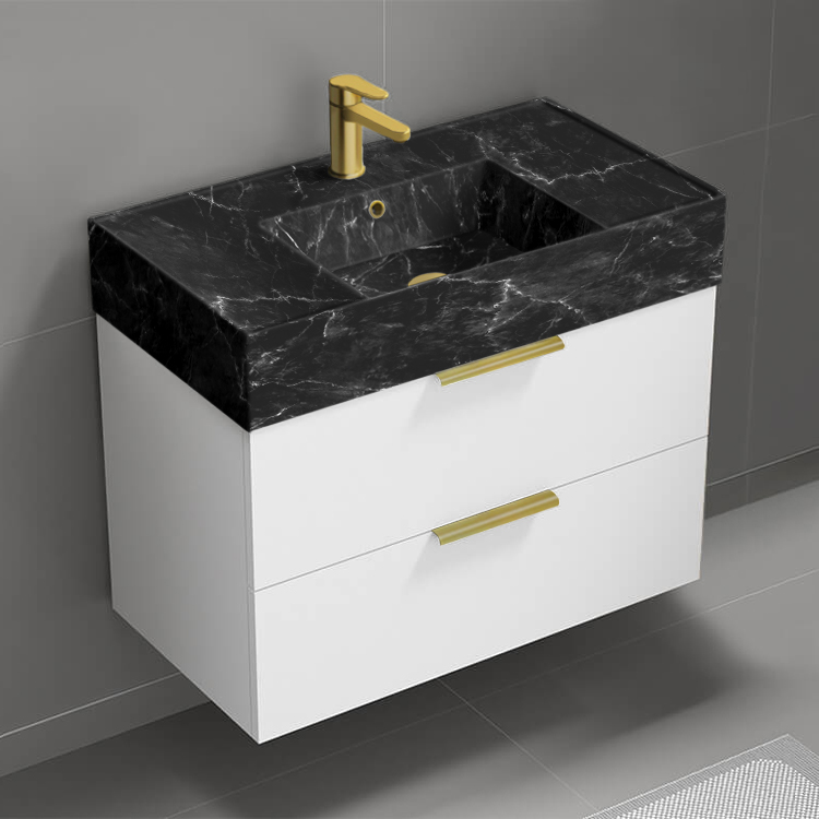 Nameeks DERIN878 32 Inch Bathroom Vanity With Black Marble Design Sink, Modern, Wall Mount, Glossy White